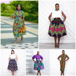 These dresses highlight vibrant African prints with bold colors and striking patterns, blending tradition with modern elegance for a standout look.