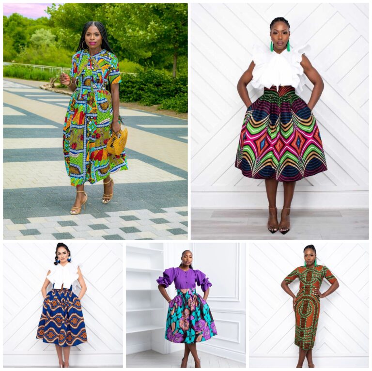 These dresses highlight vibrant African prints with bold colors and striking patterns, blending tradition with modern elegance for a standout look.